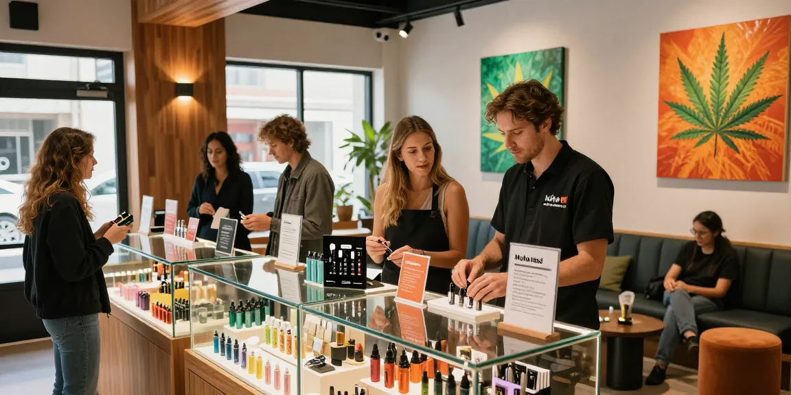Customers exploring Muha Med products in a stylish vape shop.