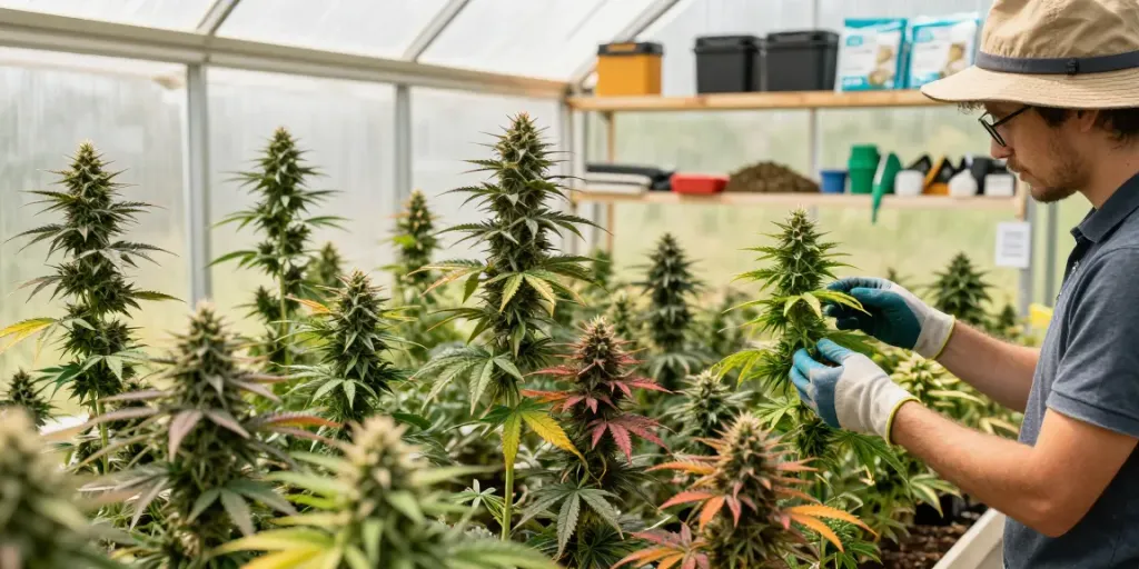 Regular cannabis seeds in a sunny greenhouse, showcasing vibrant plants and a grower tending to them.
