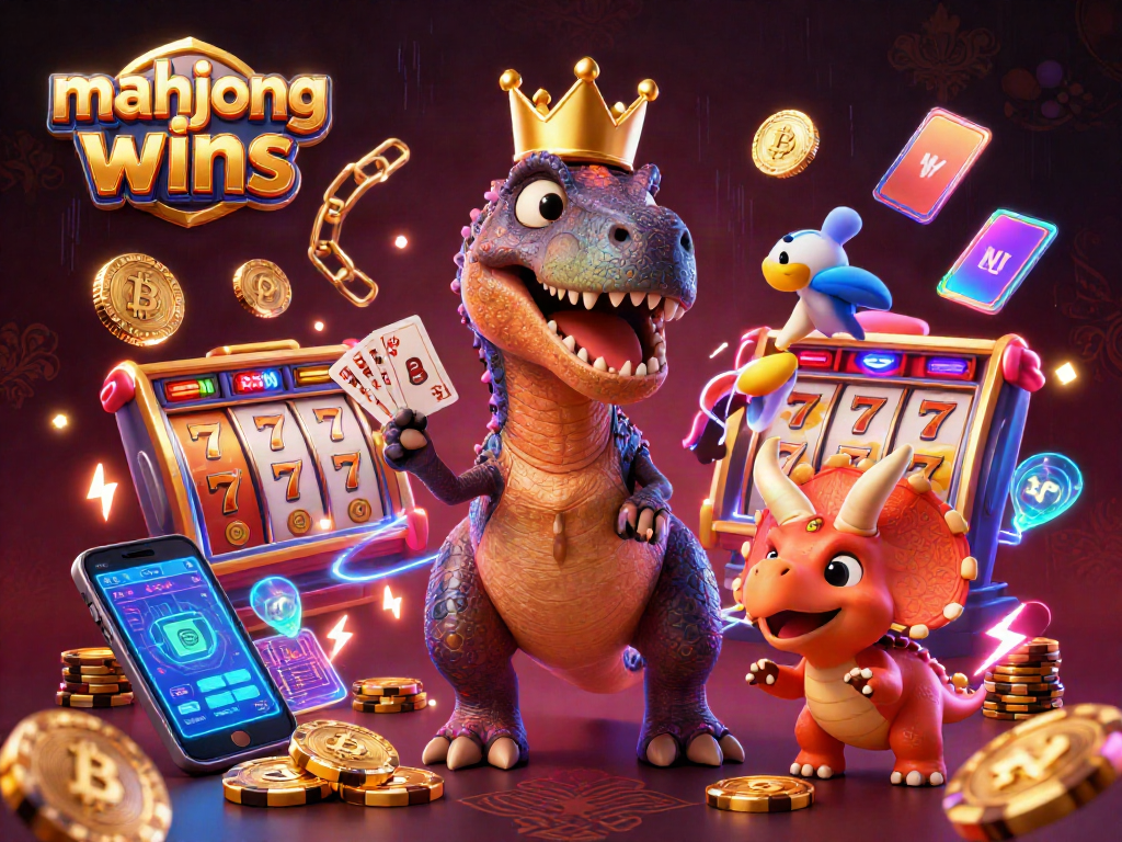 Experience mahjong wins with a playful T-Rex and friends amid casino riches and vibrant game elements.