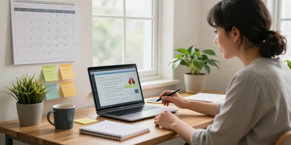 Teacher using EMStudio online teacher planner in a bright home office.