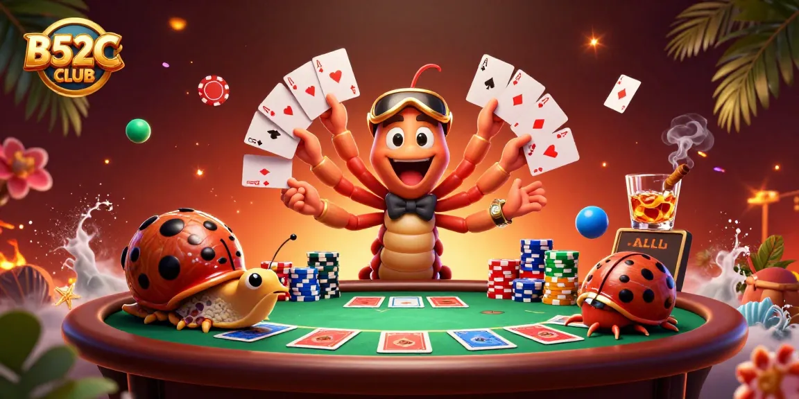 Experience B52CLUB's thrilling poker action with a whimsical millipede dealer and vibrant casino elements.