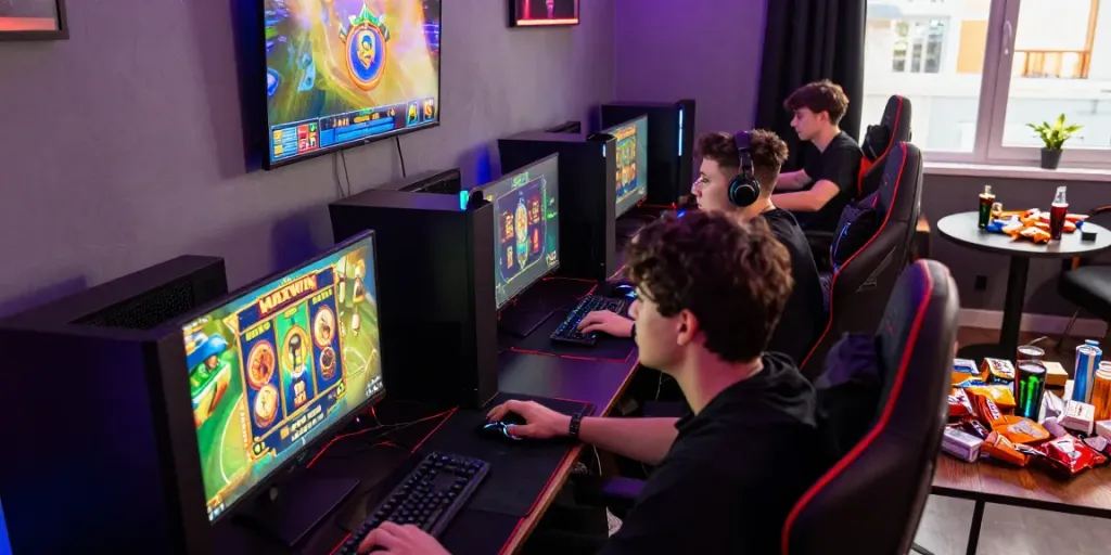 Engaged players in a dynamic online gaming setup exploring slot maxwin games with vibrant atmosphere and high-tech equipment.