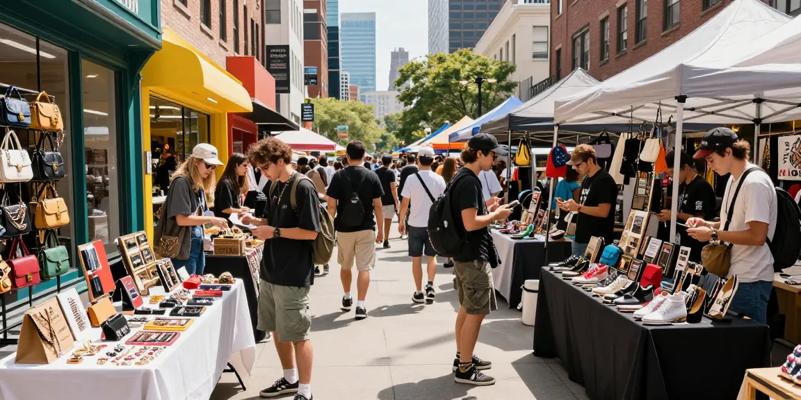 Engaging marketplace scene showcasing high-quality 레플리카 사이트 fashion accessories in an urban setting.