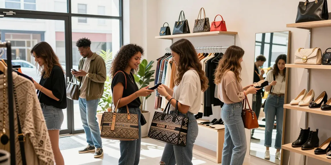 Replica shopping mall scene with trendy shoppers exploring high-quality fashion items, creating an inviting atmosphere.