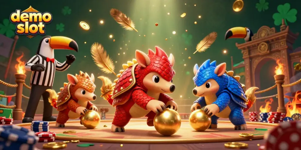 Demo slot menampilkan pertarungan seru pangolin yang menggelinding melintasi chip poker yang bersinar di arena.