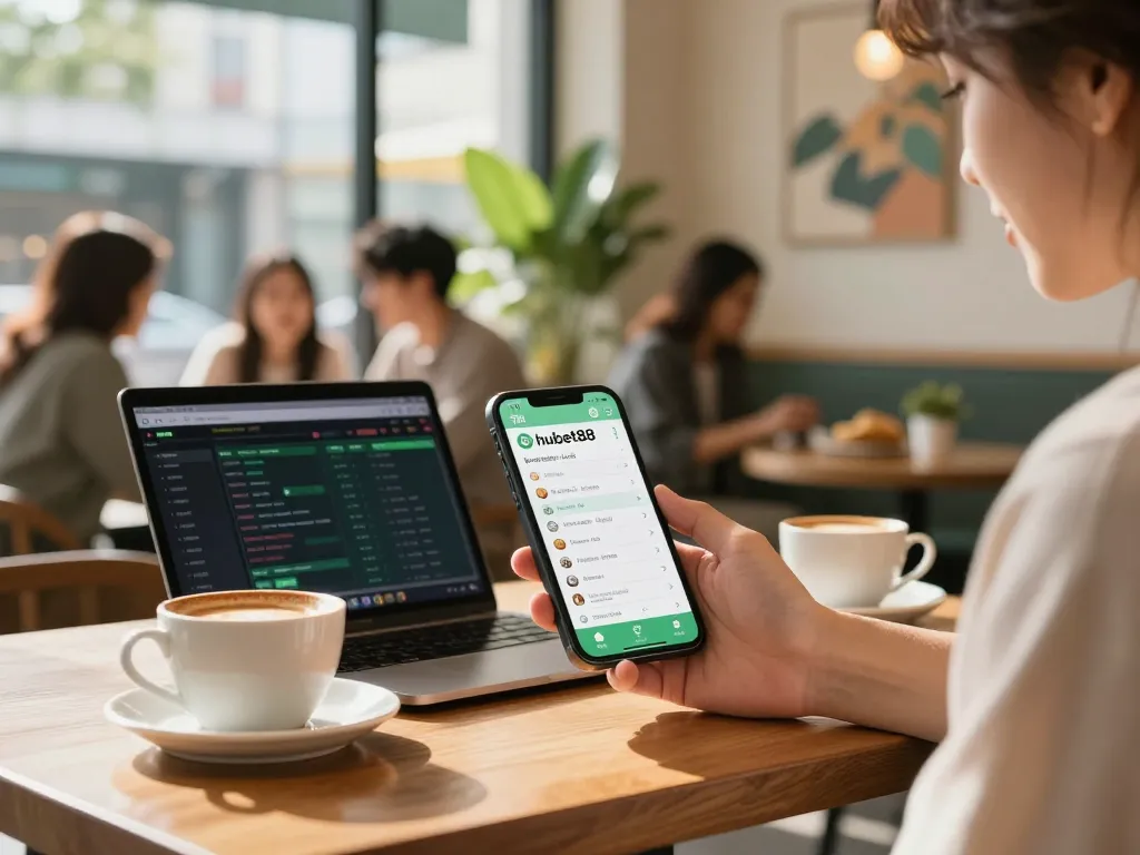 User enjoying Tải app hubet88 at a café on smartphone while sipping coffee.