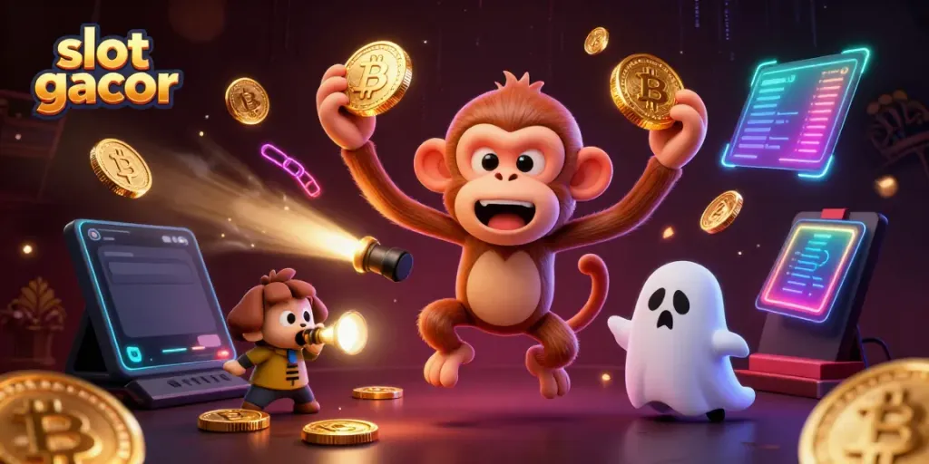 Visualisasi slot gacor dengan karakter setan nakal dan anjing pemburu hantu dalam suasana kasino yang menyeramkan.