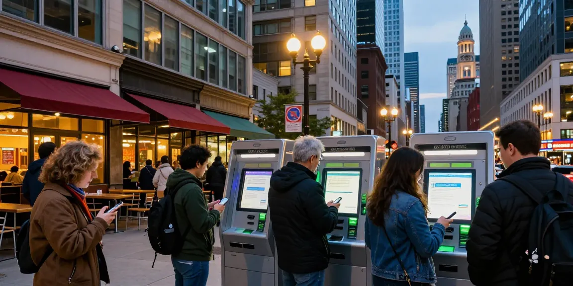 Engaged residents using 시카고페이 at a busy payment kiosk in Chicago's vibrant urban setting.