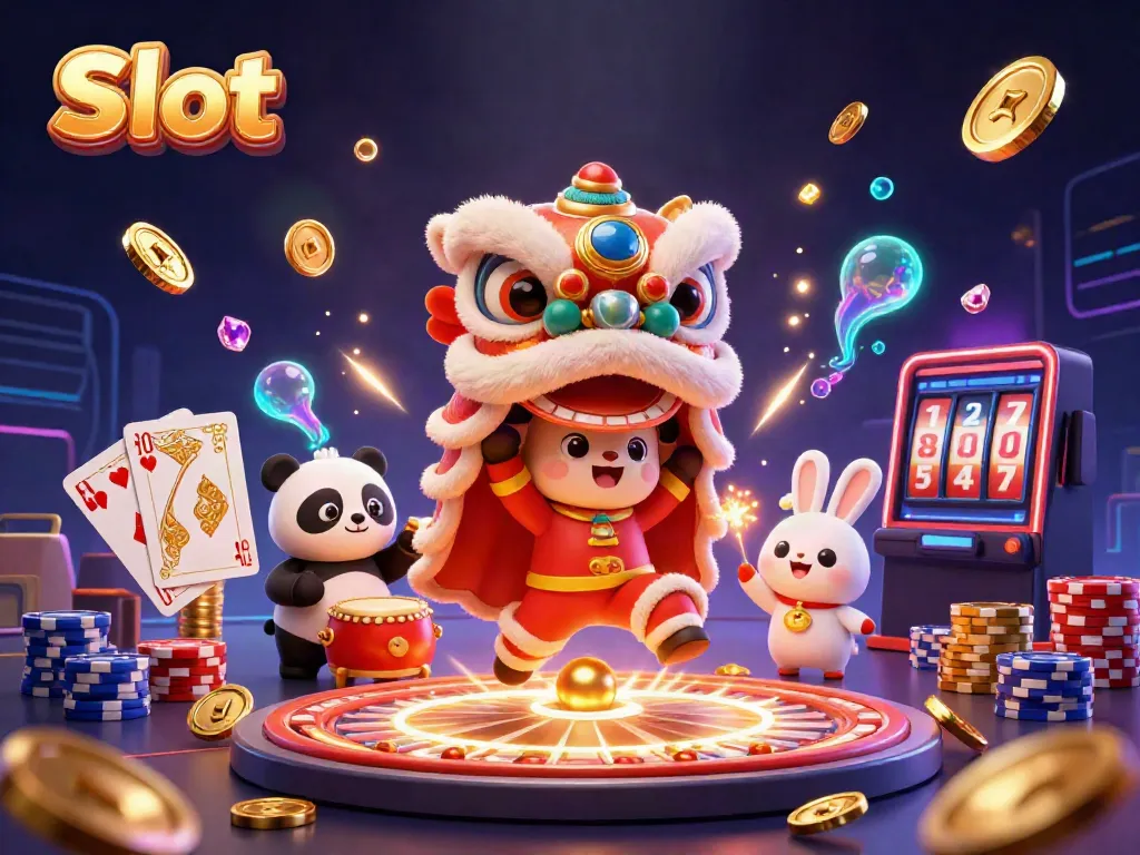 Menang slot dengan karakter tarian singa, panda, dan kelinci, penuh koin emas.