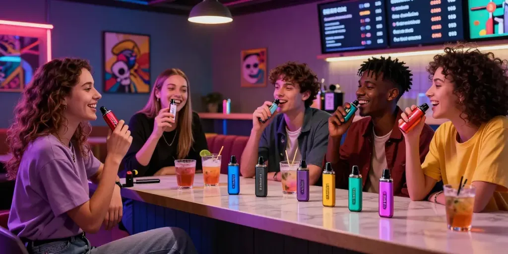 Friends enjoying Hitz infinity Gen 7 vapes in a trendy lounge setting.