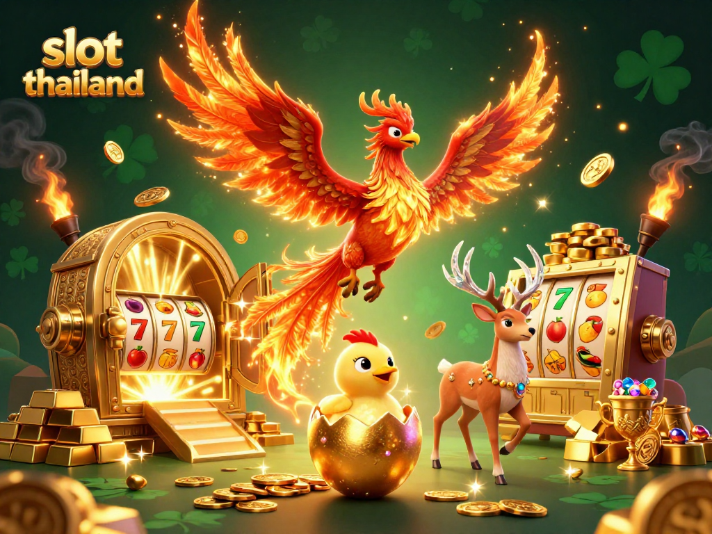 Engage with slot thailand through vibrant 3D elements of phoenix and treasures in an animated casino scene.