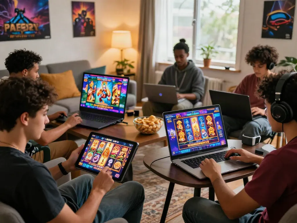 Engaged players enjoying slot online games on multiple devices in a cozy living room.