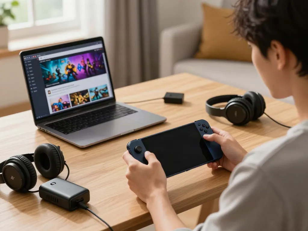 Pengguna bermain JAWARASLOT di smartphone dengan aksesori game di sekitarnya