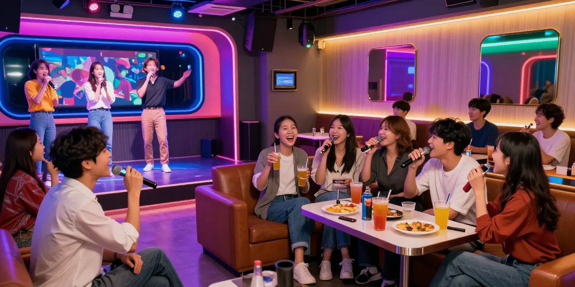 Enjoy vibrant 제주유흥 nightlife at a modern karaoke bar with friends, colorful neon lights and joyful atmosphere.