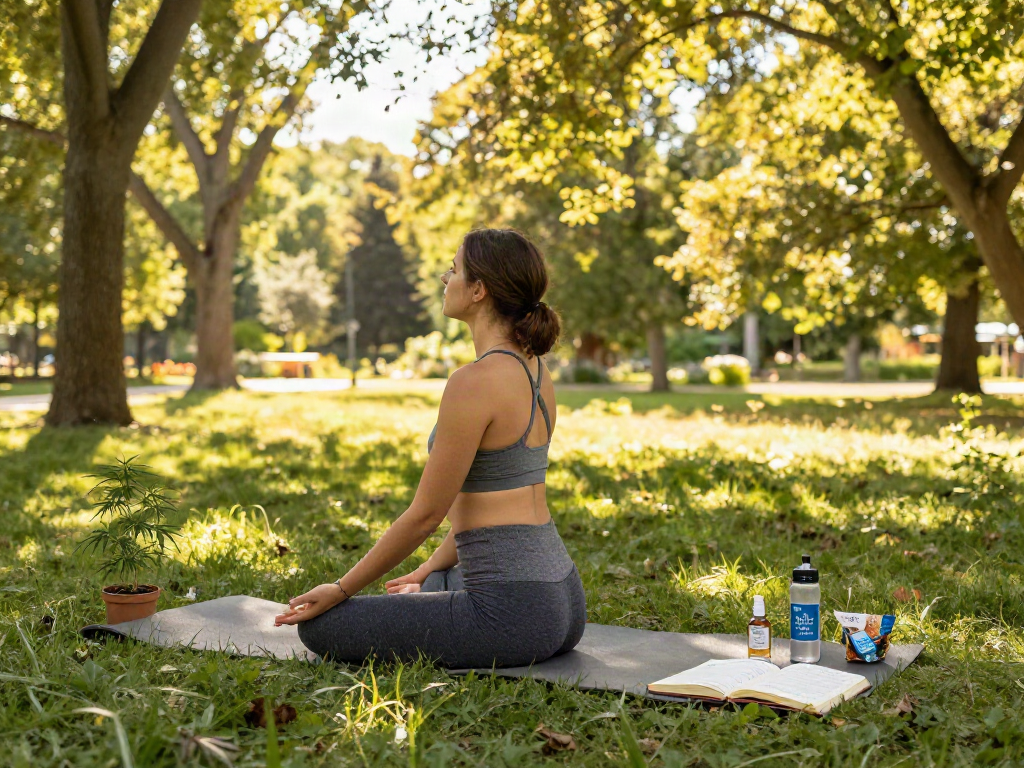 Muha Med CBD oil beside woman practicing yoga in tranquil park setting, emphasizing natural wellness.