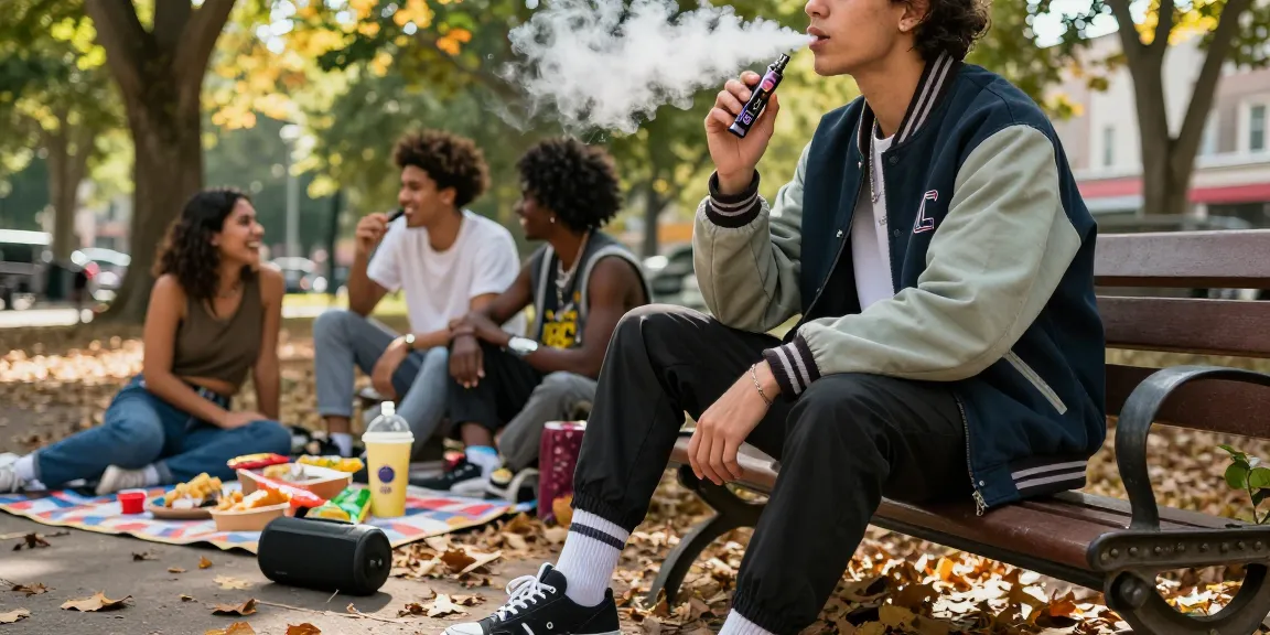 Enjoying weed vapes uk in a relaxed park setting with friends.