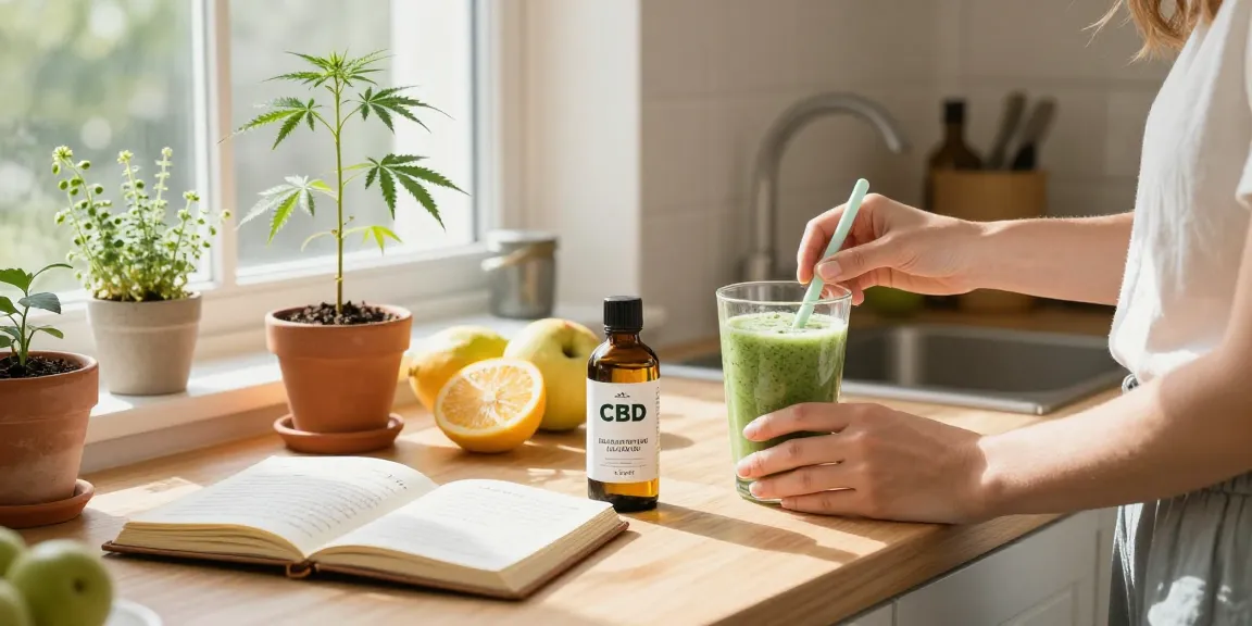 Ministry cannabis wellness scene—woman enjoying CBD oil in a bright kitchen with hemp extract, fresh smoothies, and a wellness journal, promoting natural health.
