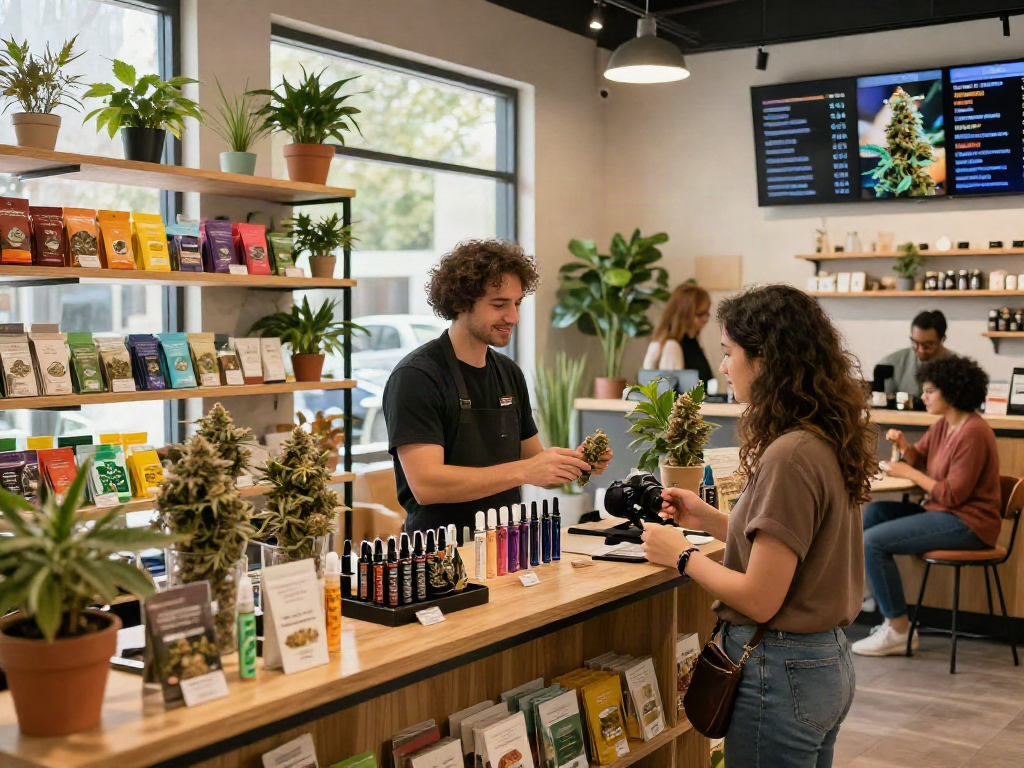 Buy weed online in a vibrant dispensary, showcasing diverse cannabis products and friendly customer interaction.