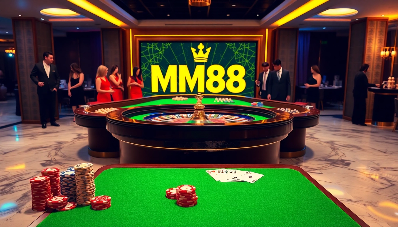 Exciting gaming scene with MM88 branding, showcasing roulette, poker chips, and players engaged in a game.