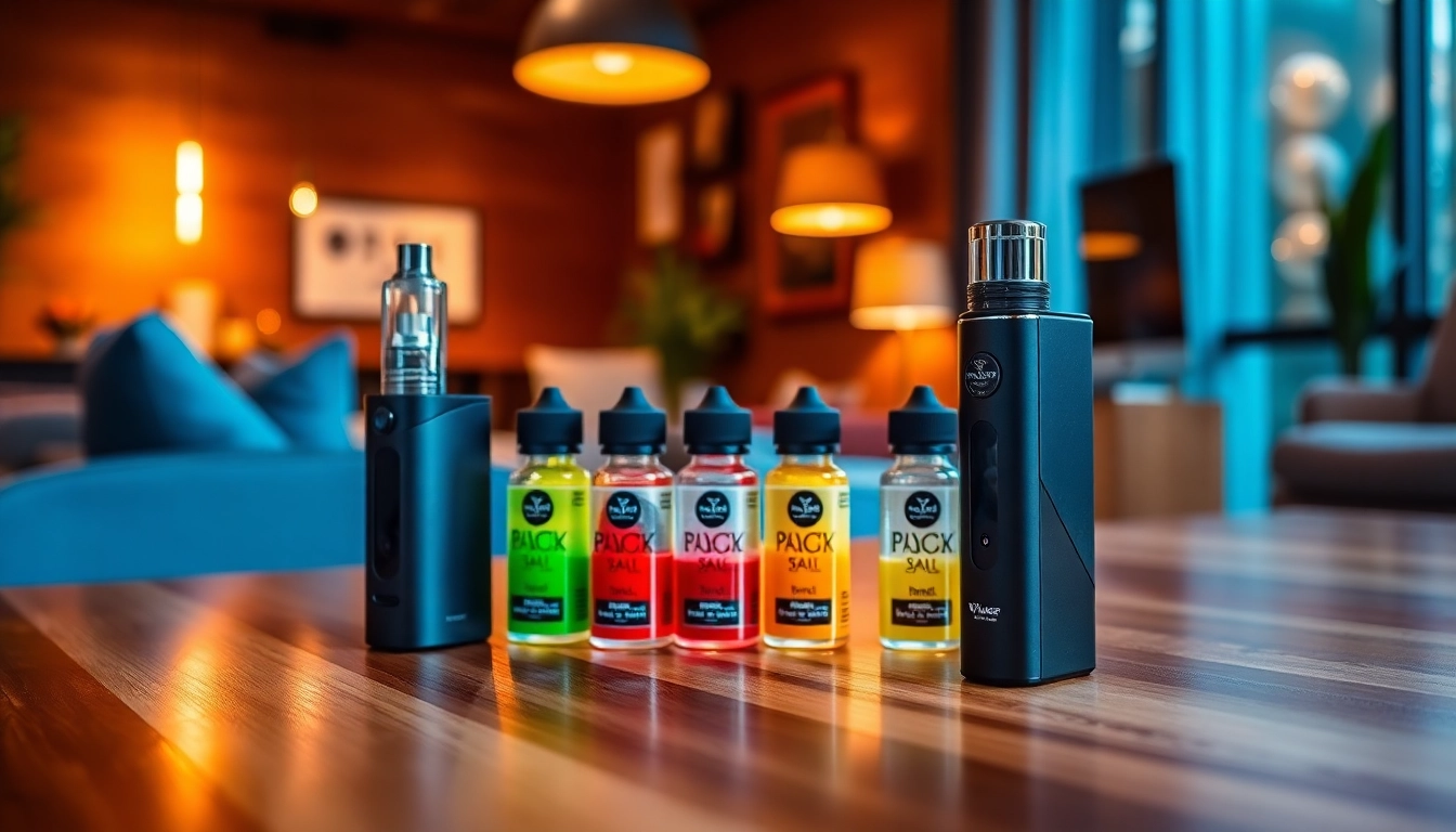 Vape & E-Liquids displayed on a sleek table, showcasing vibrant flavors and a modern device.