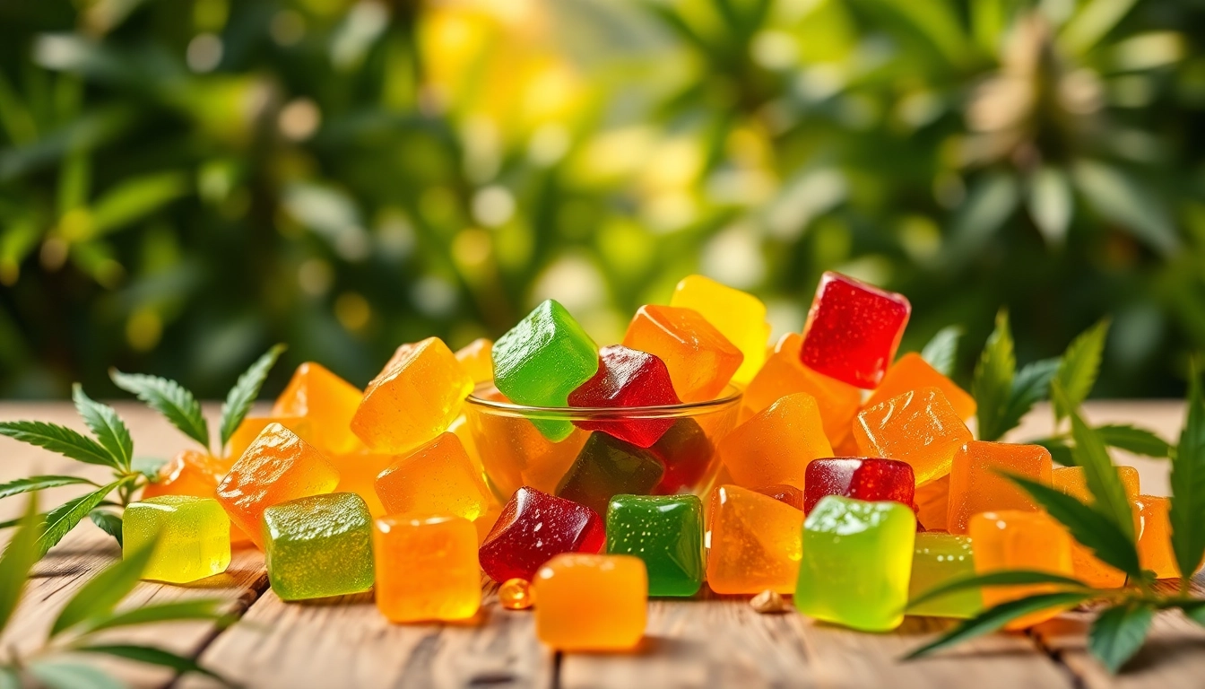 Indulge in colorful Weed Gummies artfully displayed, showcasing their vibrant textures and flavors.