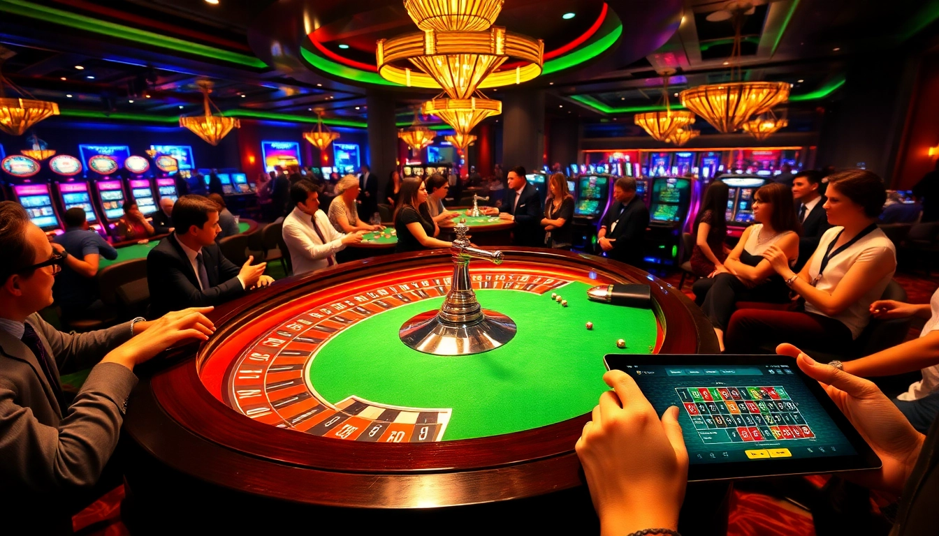 Gambling excitement unfolds at https://bl555.family/ with players enjoying a roulette table surrounded by vibrant slot machines.