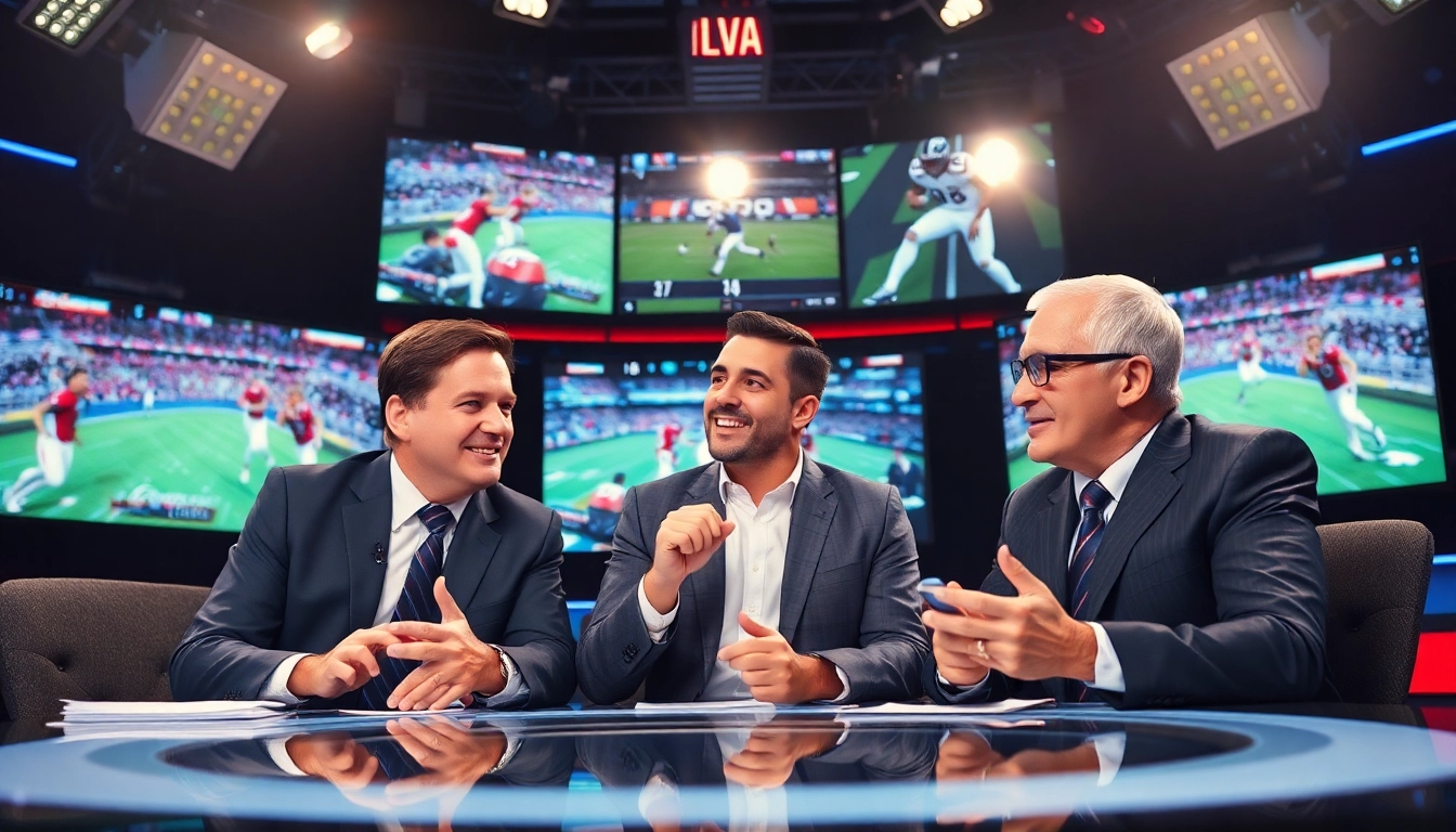 Engaging sports broadcasting hosts analyzing live events in an energetic studio environment.