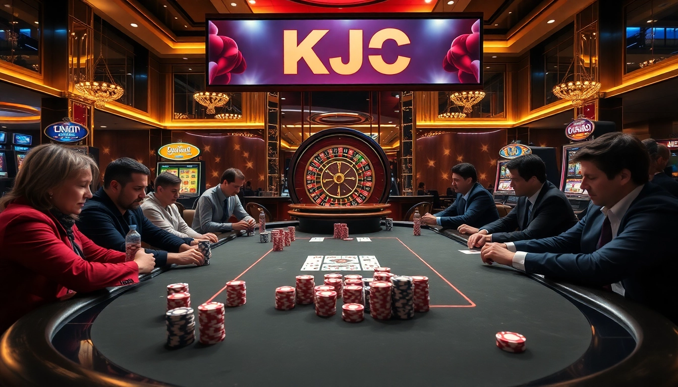KJC gamblers strategizing at an upscale poker table in an inviting casino atmosphere.