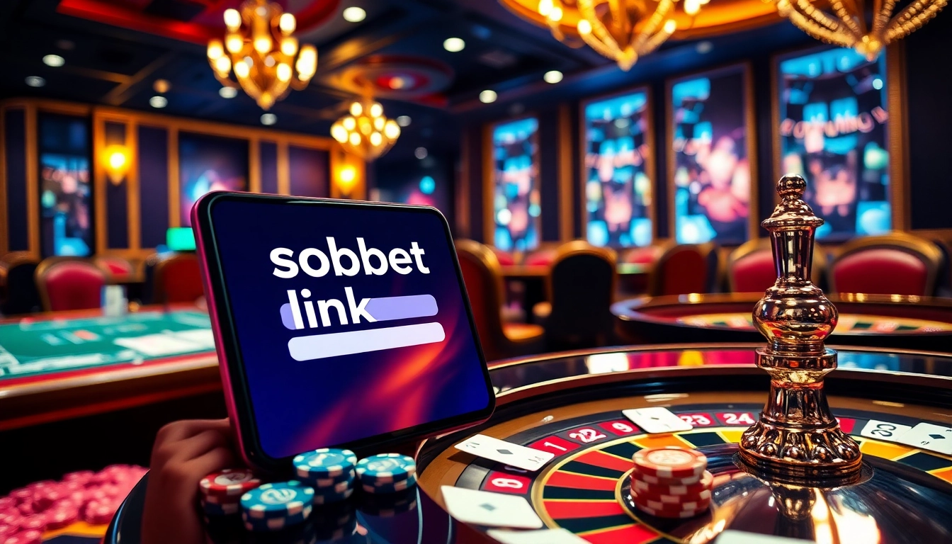 Experience seamless betting with sbobet link login displayed on a smartphone amidst vibrant casino elements.