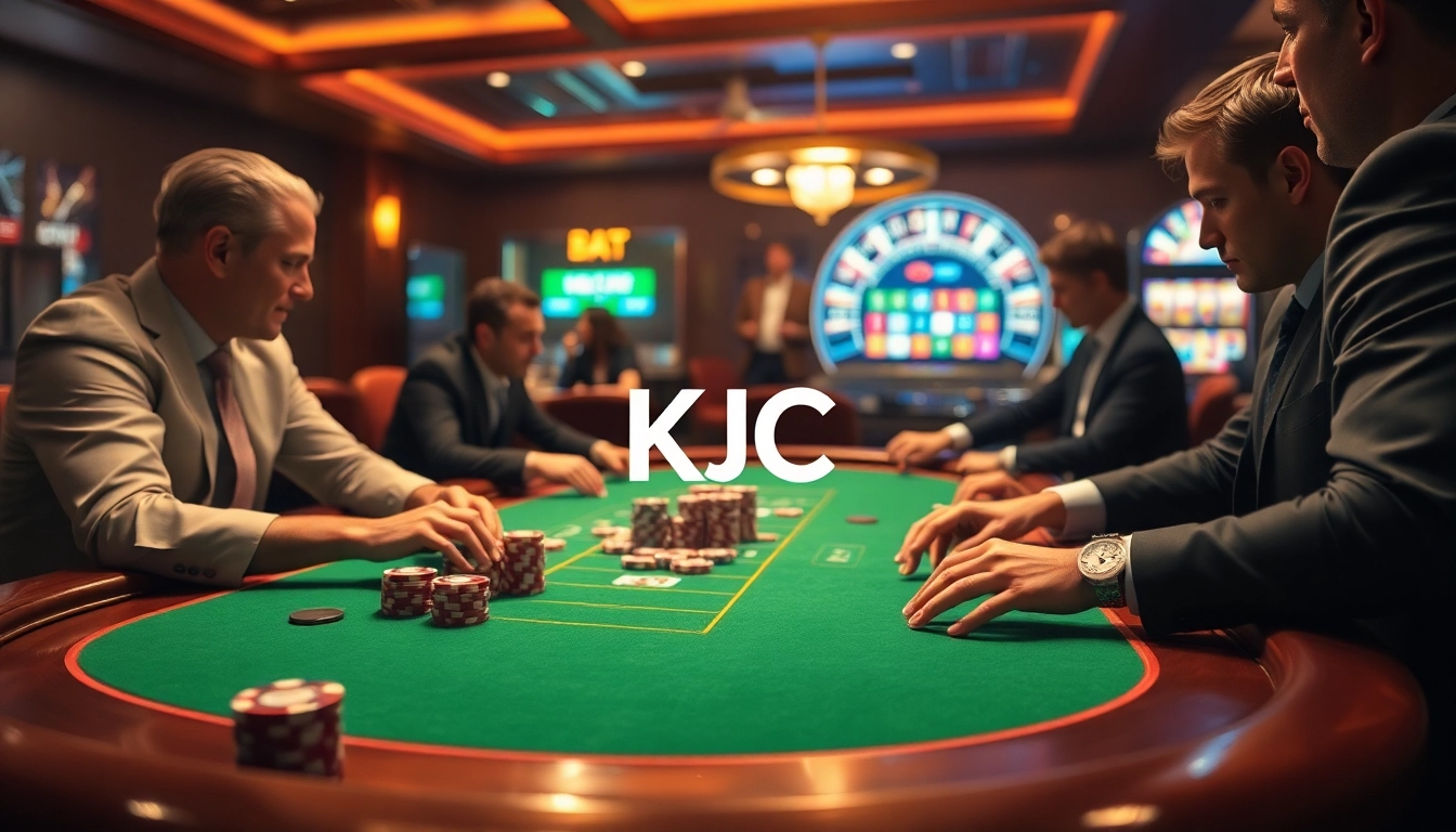 KJC gambling scene showcasing players at a poker table with vibrant chips and a roulette wheel.