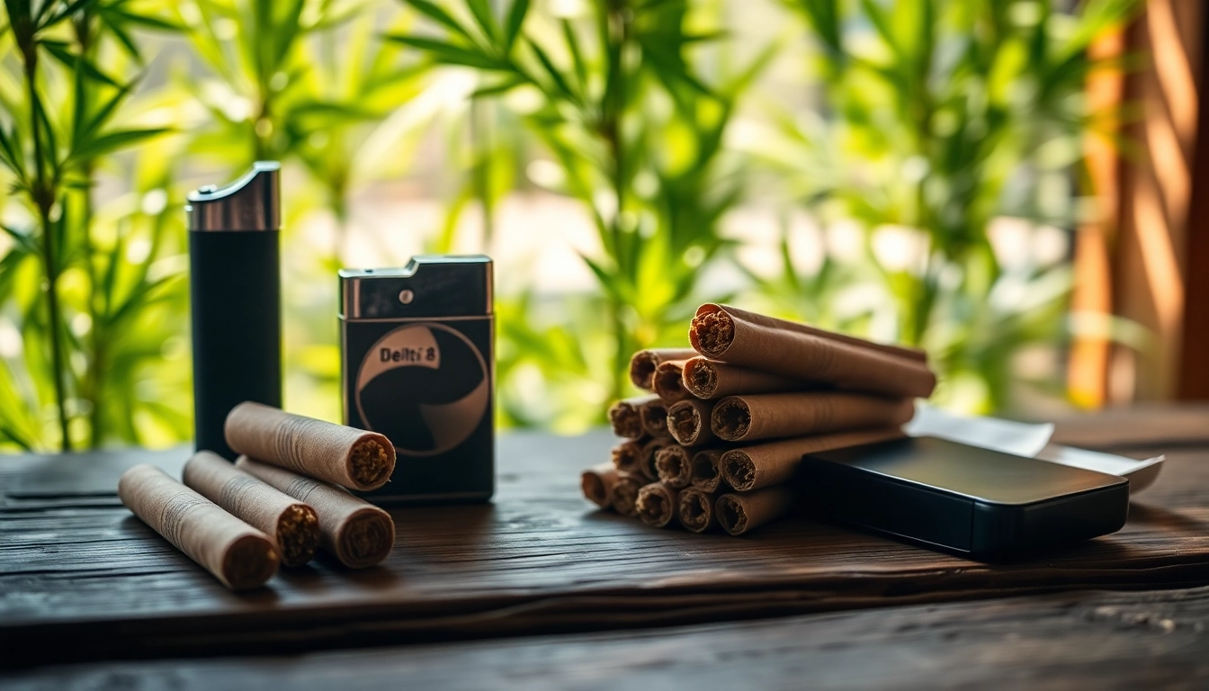 Showcasing delta 8 prerolls with rolling papers in a relaxed, natural setting.