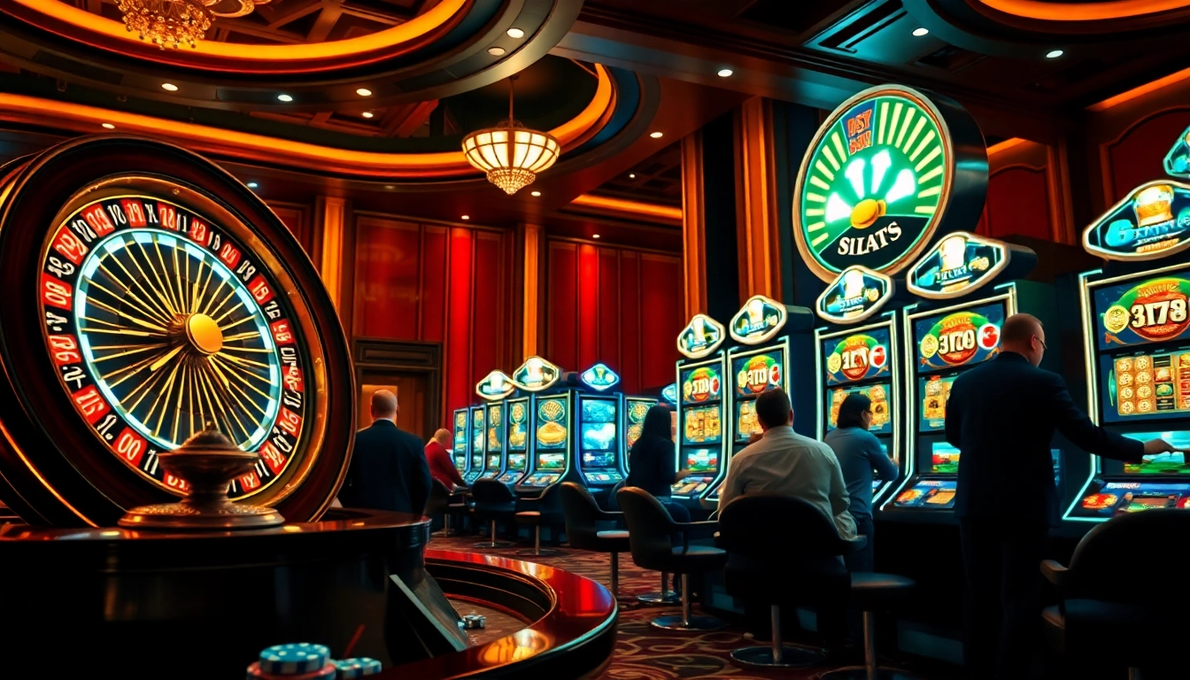 Experience the excitement of a pg slot demo in a vibrant casino setting with dynamic slot machines.