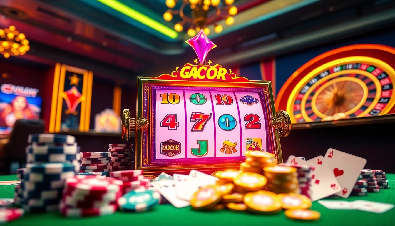 Experience the thrill of idn slot gameplay with vibrant slot machines and casino elements.