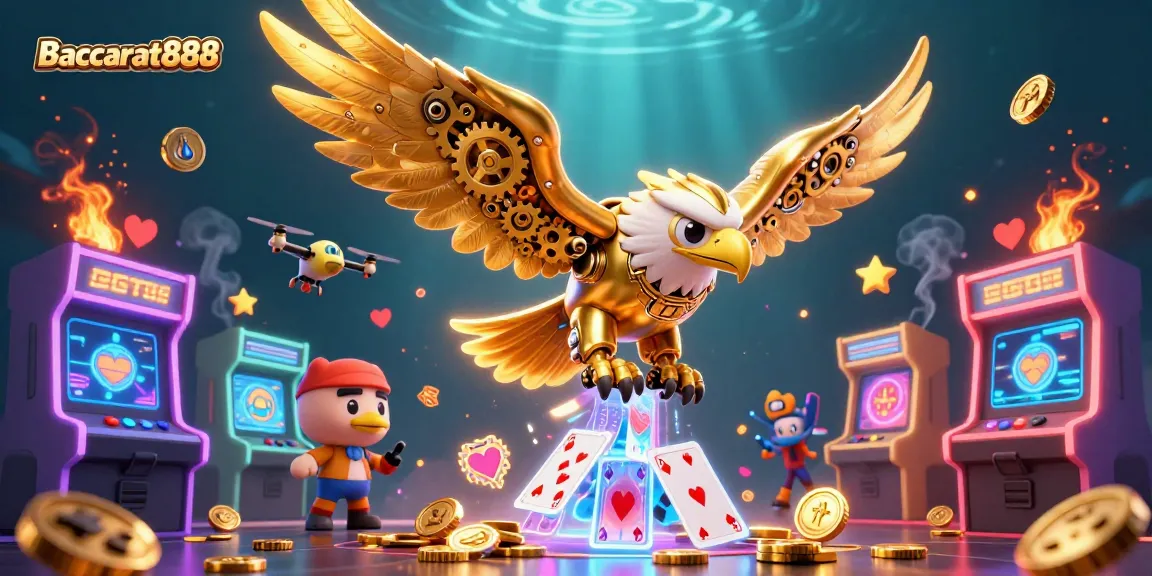Baccarat888 showcases a 3D eagle and flying cards in a vibrant digital casino landscape.