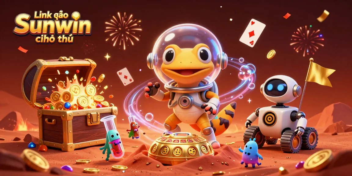 Experience the thrill at Link vào Sunwin chính thức with a cartoon Martian gecko exploring a golden casino.
