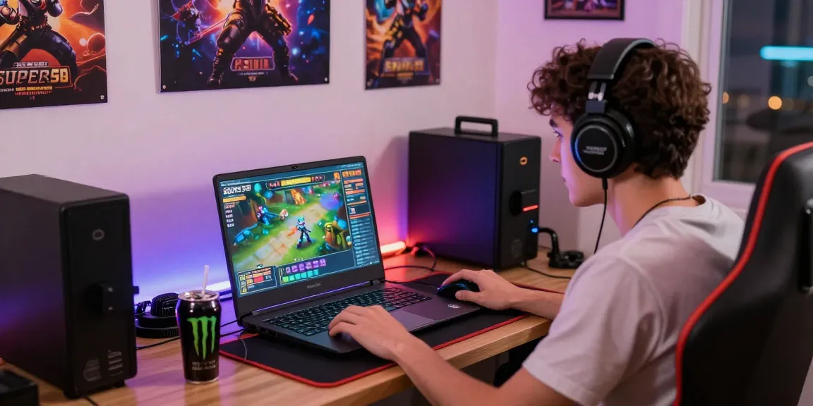 Pengalaman bermain slot online di SUPER59 dengan pemain fokus di laptop dan aksesori gaming.