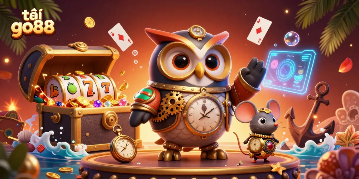 Engage with the vibrant world of tải go88 through this dynamic casino-themed illustration, featuring characters and slot games.
