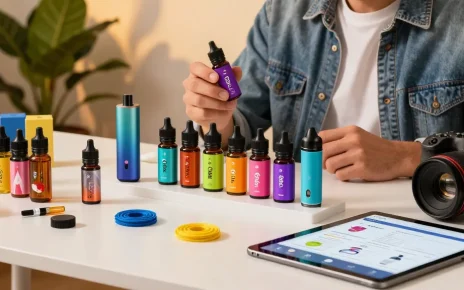Engaging scene of a person exploring THC vape PackMan e-liquids with stylish accessories in a colorful ambiance.